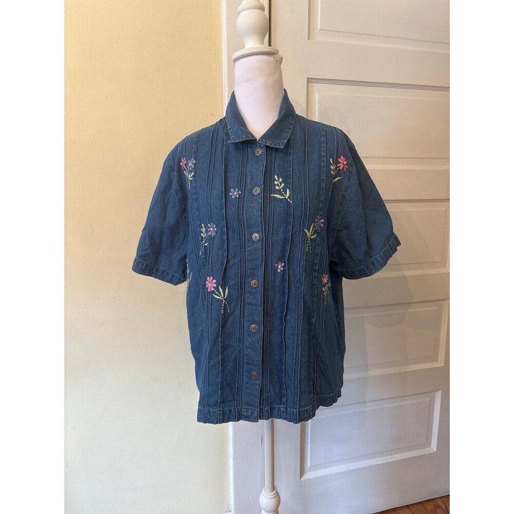 Womans button down cotton embroidered vintage denim boho grandmacore festival
